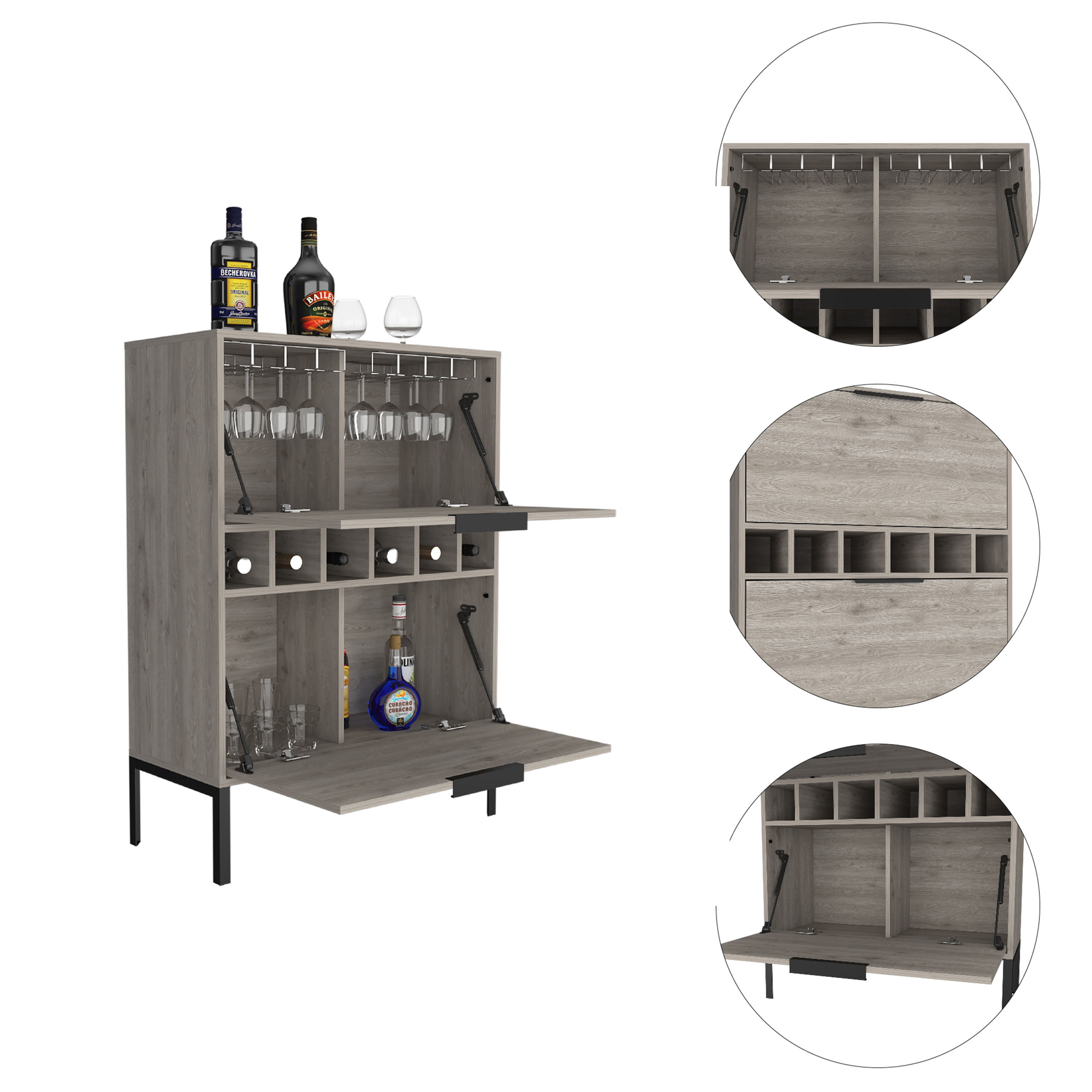 Lyrata Bar Cabinet,  Six Built-in Wine Rack, Double Door -Light Gray